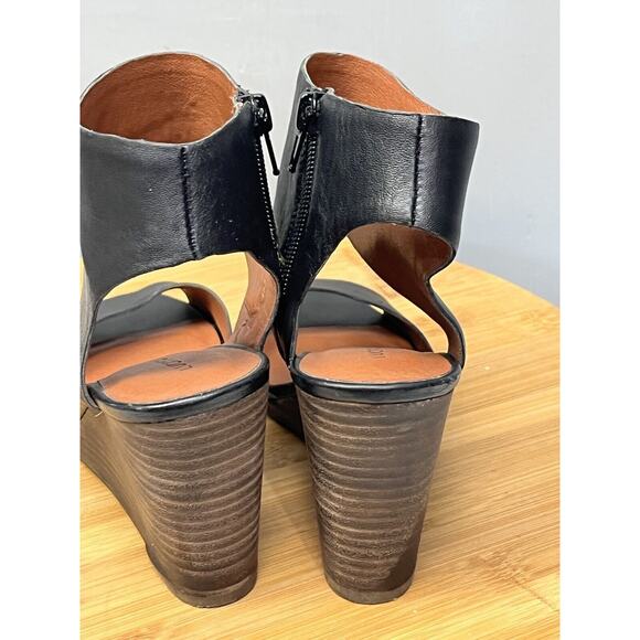 Lucky Brand Raisza Wedge Sandals Womens size 7 Leather Ankle Strap Black - Picture 3 of 7